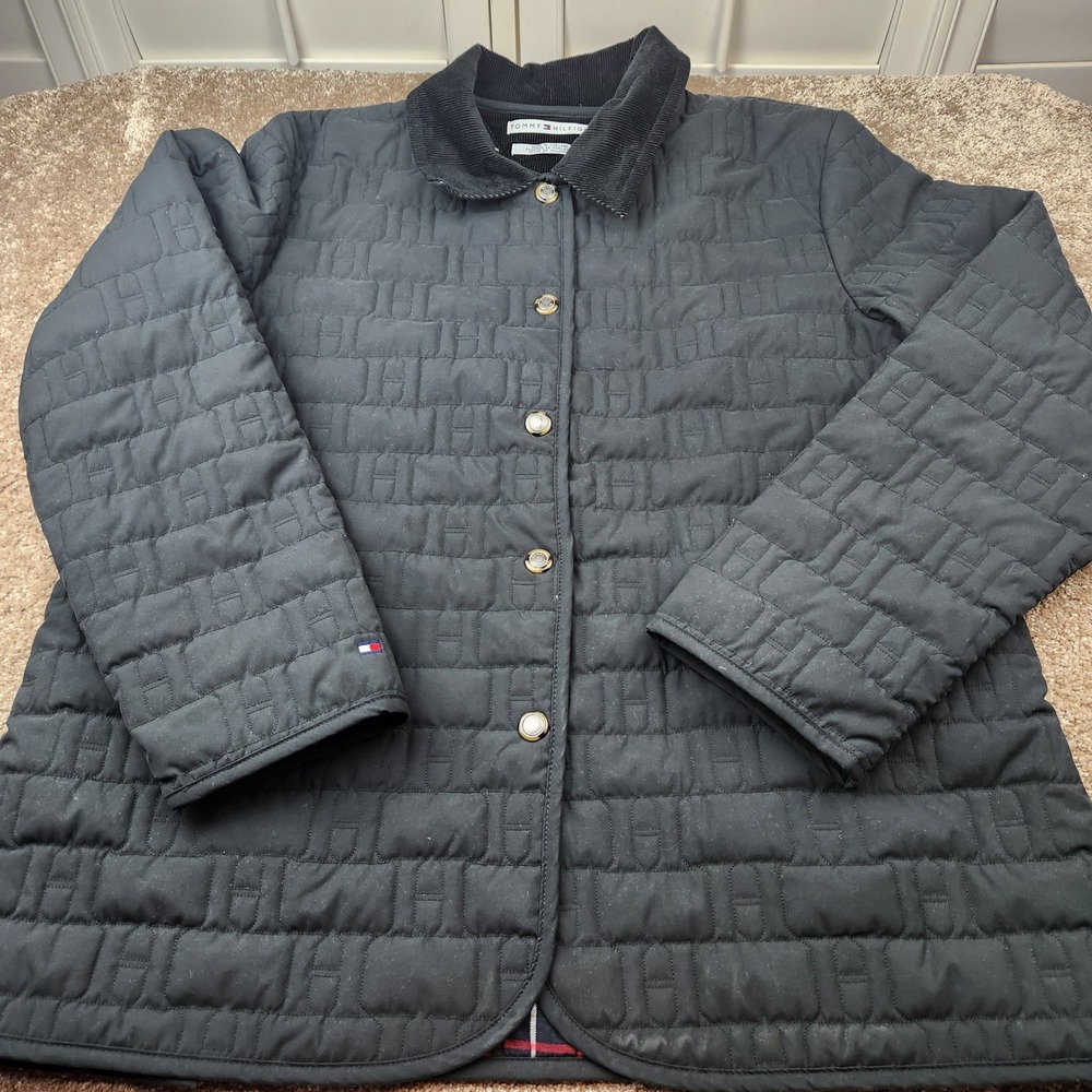 Tommy Hilfiger Womens‎ XL Black Quilted H Logo Barn Jacket Corduroy Collar Plaid